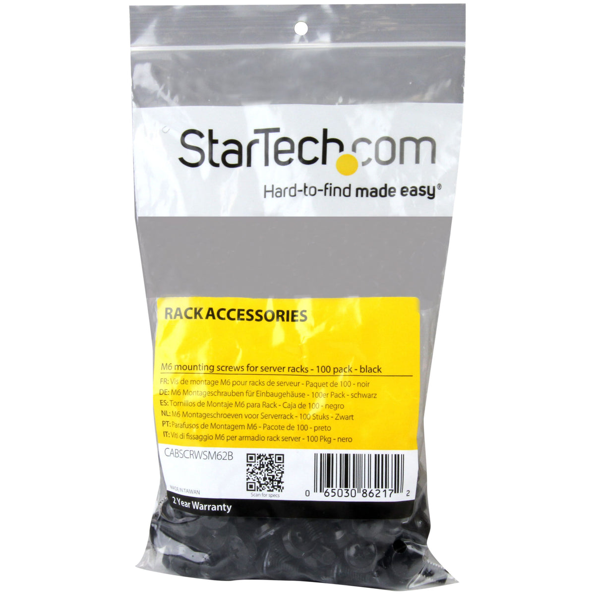 StarTech 100-Pack M6 12mm Rack Mounting Screws, 19in/10in, Black, TAA