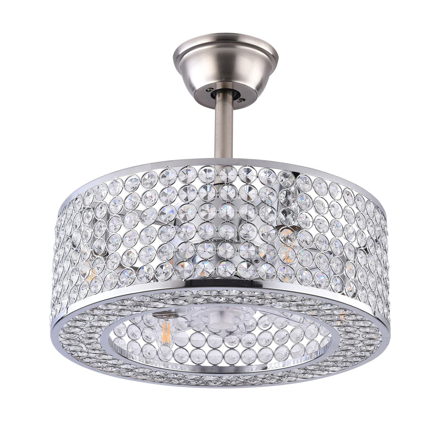 Industrial Cage Semi Flush Mount Light with Fan,18 Inch Ceiling fan Light with Remote Control,Crystal Shade Design,Acrylic Blades,Enclosed Fan,Quiet