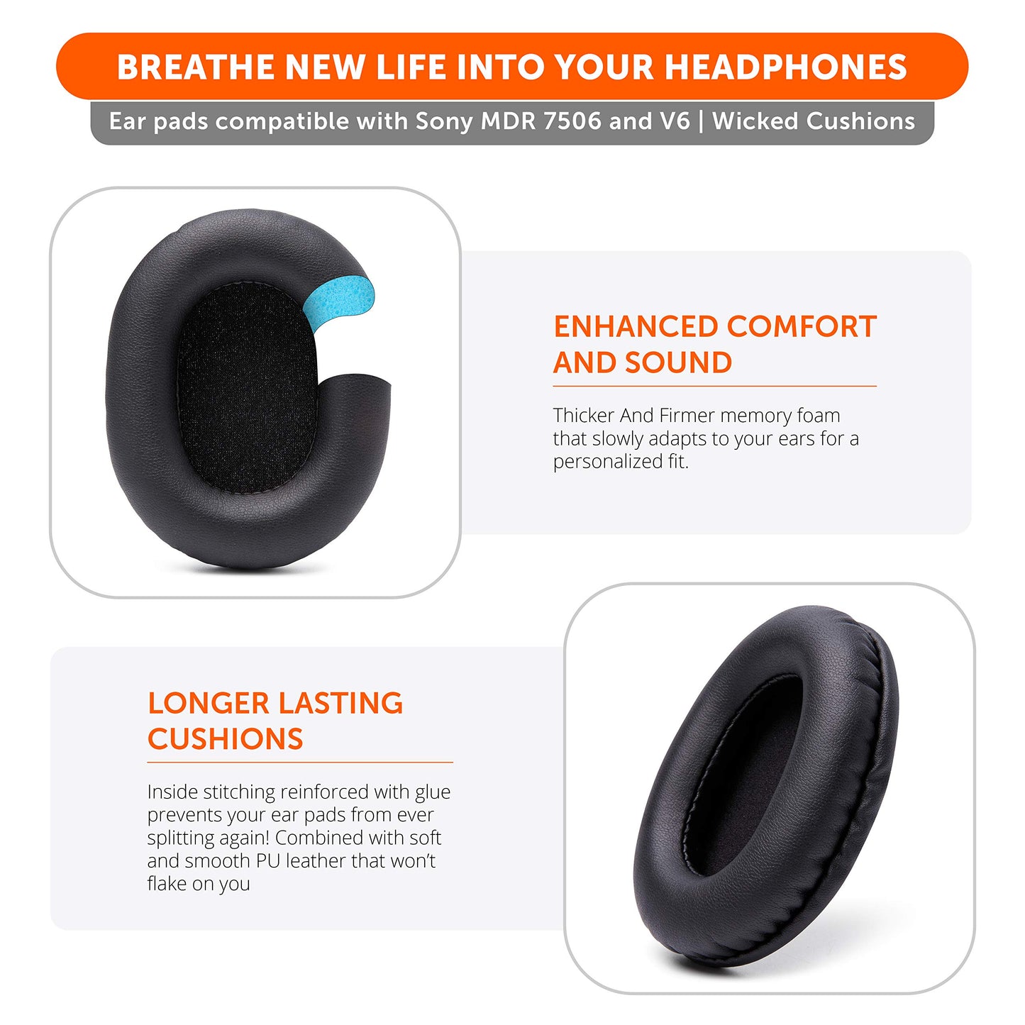 WC Wicked Cushions Replacement Ear Pads for Sony MDR 7506 | Softer Leather, Luxurious Memory Foam, Unmatched Durability | Compatible with MDR 7506