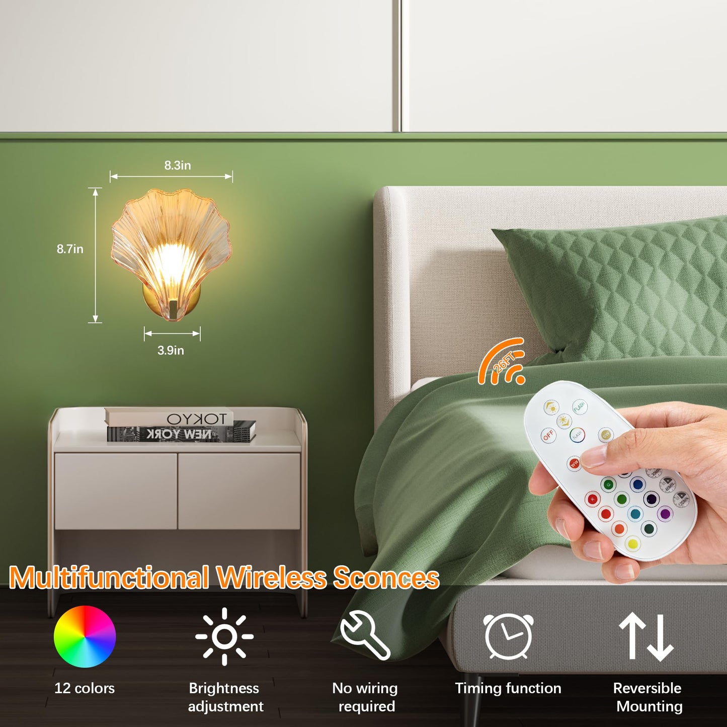 Weyderk Vintage Battery Operated Wall Sconces with Remote, Amber Rechargeable Wireless Wall Sconces with Magnetic LED Bulbs, Indoor Shell Shaped Wall