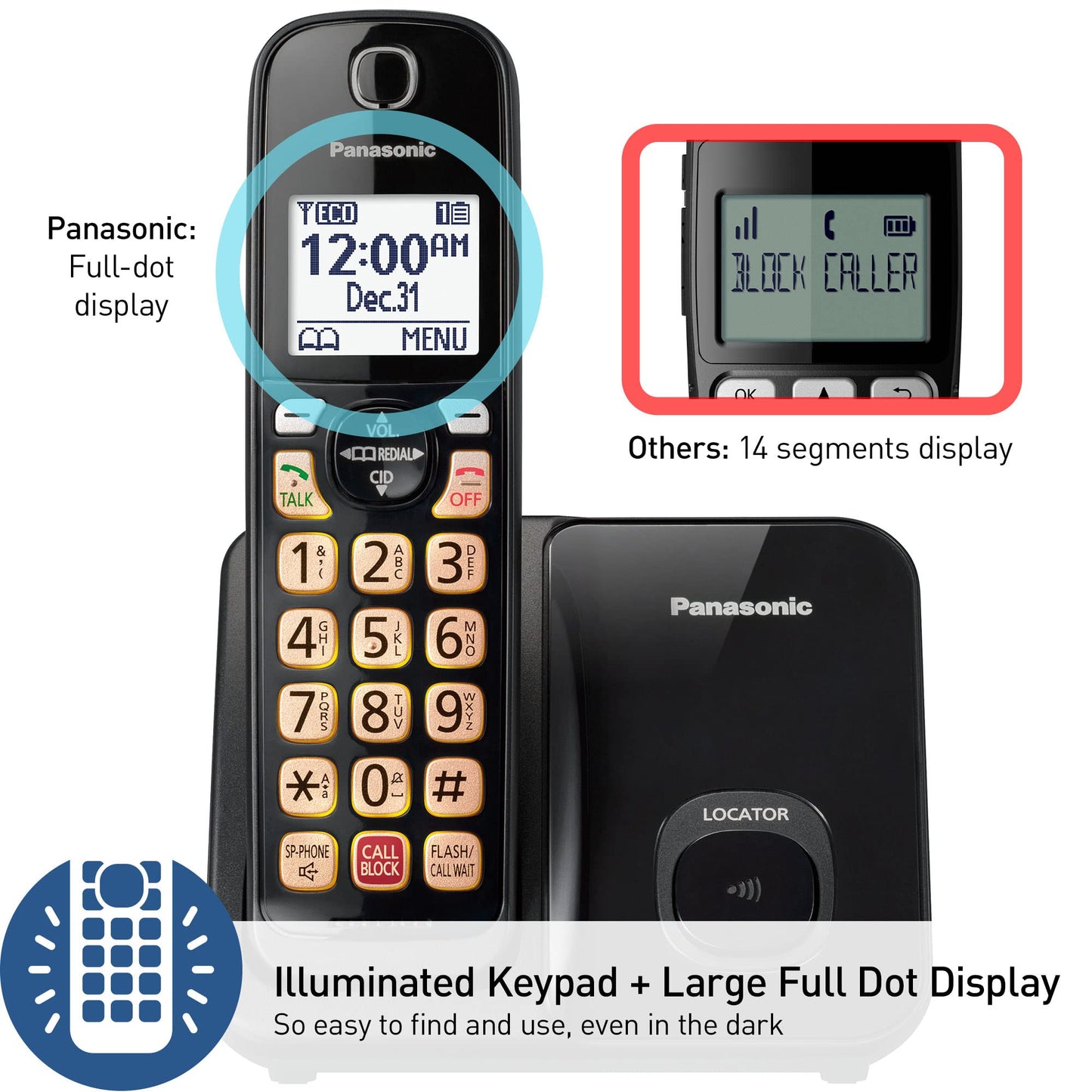 Panasonic Cordless Phone with Advanced Call Block, Bilingual Caller ID, Easy to Read Large High-Contrast Display, Expandable System with 1 Handset
