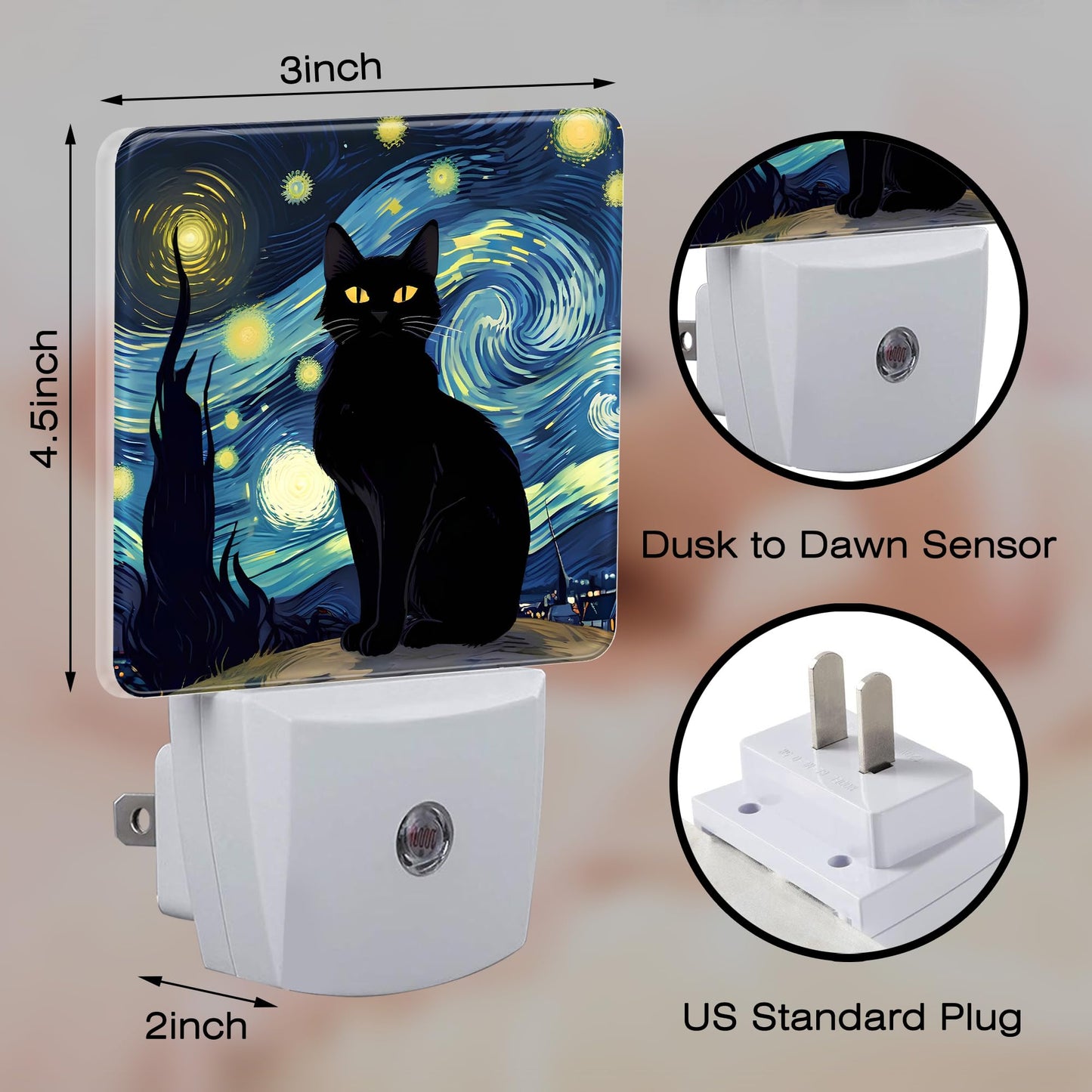 sndheke Starry Night Black Cat Night Light Plug into Wall, Abstract Oil Painting Dusk to Dawn Night Light Plug in,0.5w Energy Saving Sleep Friendly