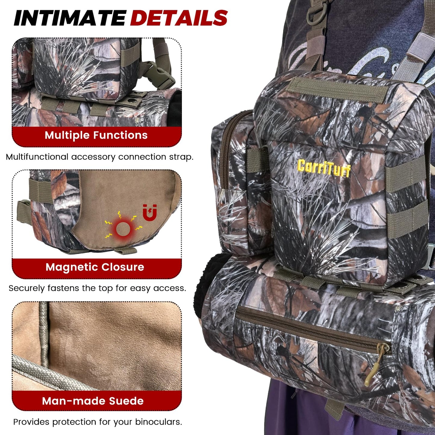 CarriTurf Waterproof Binoculars Harness with Rangefinder Pouch - Silent Material, Magnetic Closure, Hand Warmer Pockets for Hunting, Hiking & Giftable