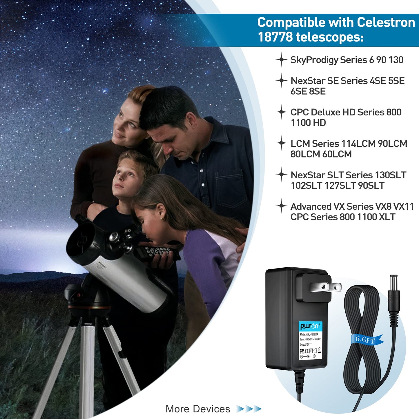 PwrON 12V Compatible with Celestron 18778 Power Adapter Replacement for NexStar 4SE 5SE 6SE 8SE 130SLT 127SLT LCM 114LCM 90LCM Power Cord