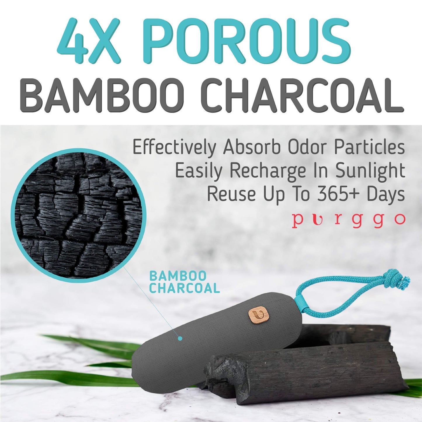 PURGGO Bamboo Charcoal Air Purifying Bag - Last 365+ Days - Shoe Deodorizer, Odor Eliminator - No Chemicals - Air Freshener for Shoes and Closet