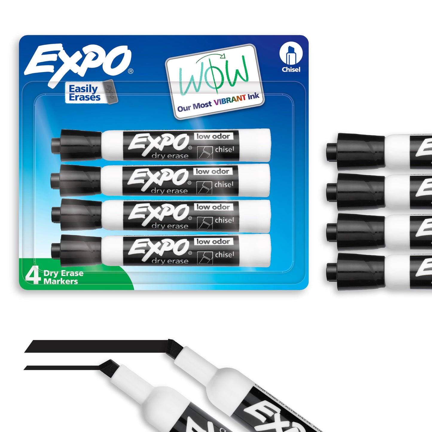 EXPO Dry Erase Markers, Low Odor Ink, Black, Chisel Tip, 4 Count - Whiteboard, Calendar, Organization, Essential Supplies for Office, School