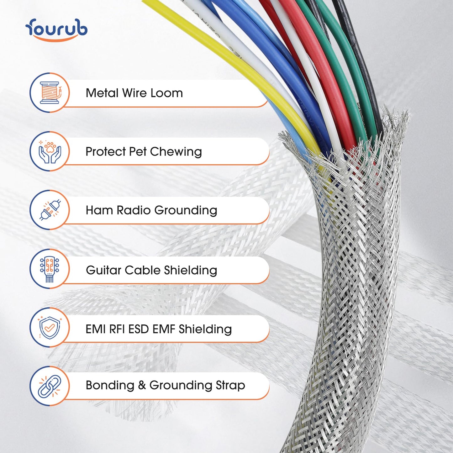FOURUB Cable Shielding Sleeve Tinned Copper Braided Sleeving Flexible Expandable Metal Ground Straps Wire Harness Protector (1/2"-18ft, Silver)