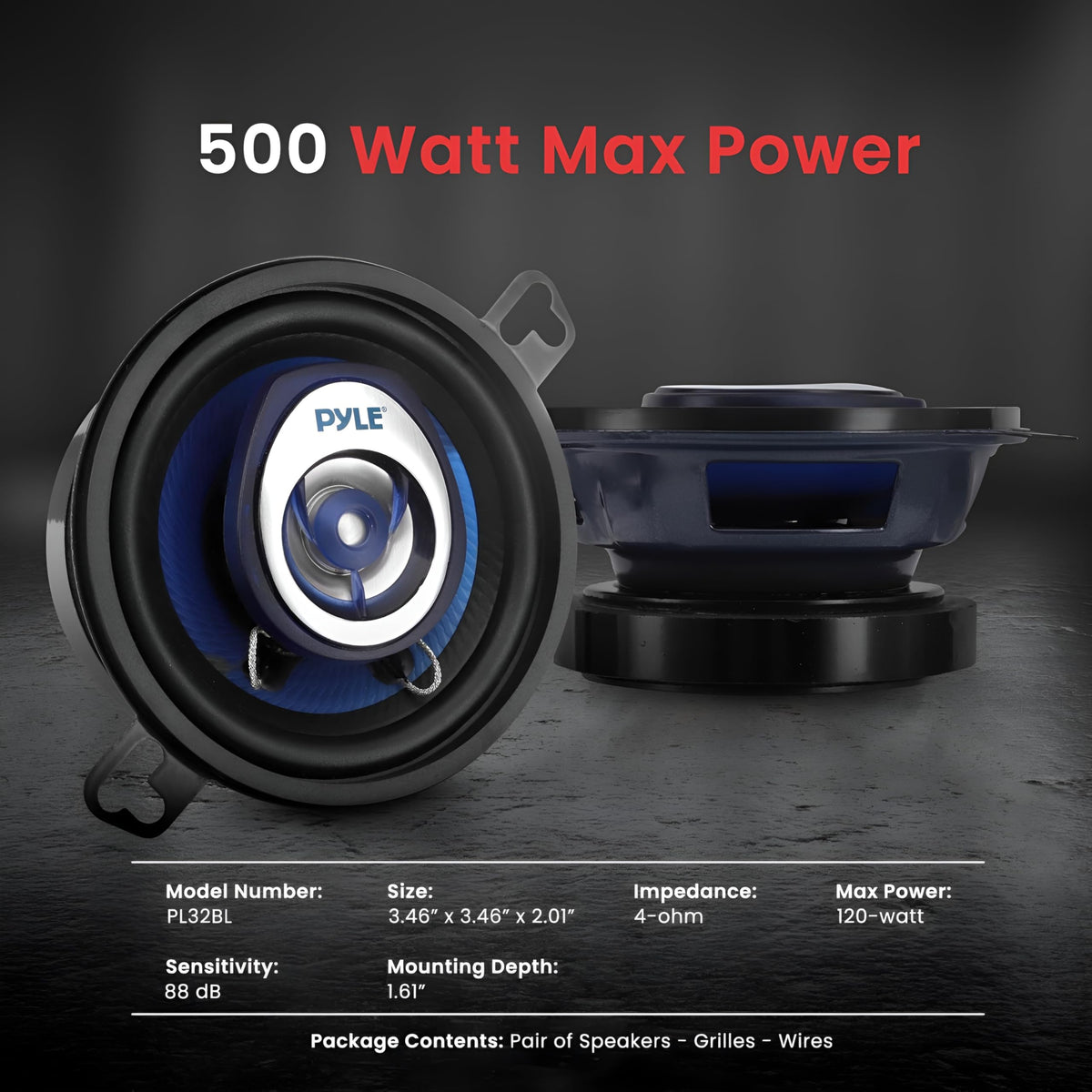 2-Way Universal Car Stereo Speakers - 120W 3.5 Inch Coaxial Loud Pro Audio Car Speaker Universal OEM Quick Replacement Component Speaker Vehicle Door/Side Panel Mount Compatible - Pyle PL32BL (Pair)