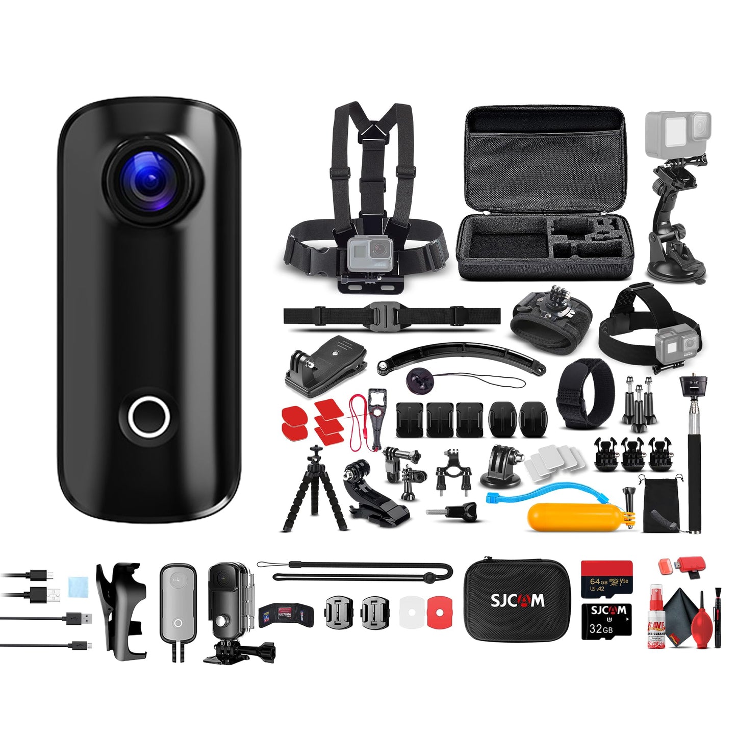 SJCAM C100 Plus Action Camera in Black with 4K Video, EIS Stabilization, and Audio Recording, Bundle Including: 64GB Micro SD Card, 50-in-1 Action