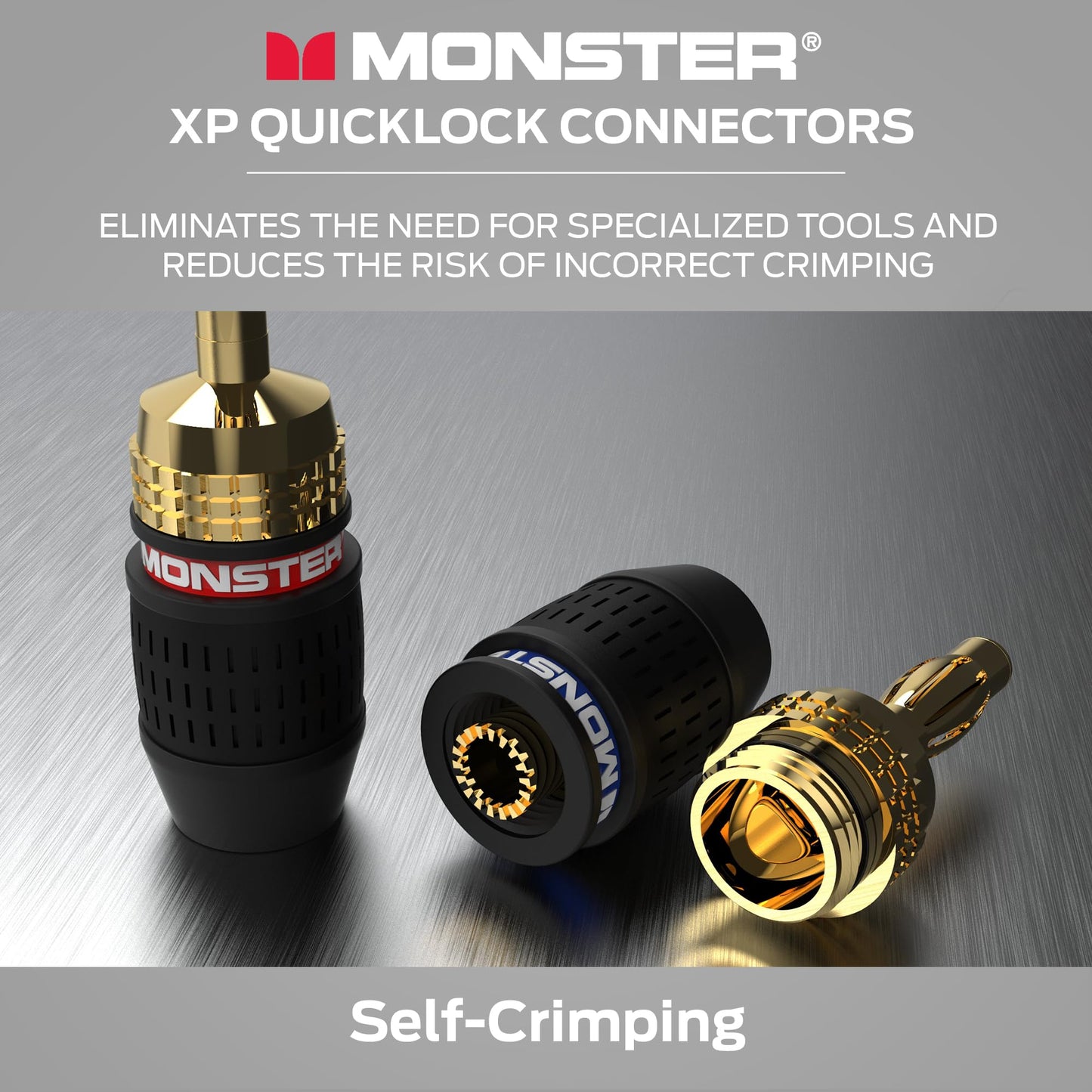 Monster XP QuickLock Banana Plugs for Speaker Wire, Self-Crimping Speaker Wire Connectors, 24K Gold-Plated Audio Connector Plugs, Color-Coded, 2 Pair