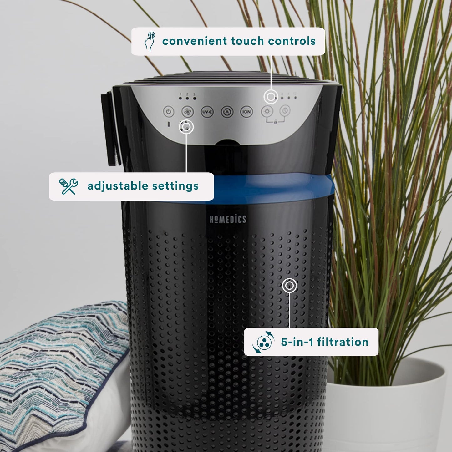 Homedics 5-in-1 UV-C Air Purifier - 360-Degree HEPA Filter for 1,593 Sq Ft, Extra Large Air Purifiers for Bedroom and Home, Essential Oil Pads