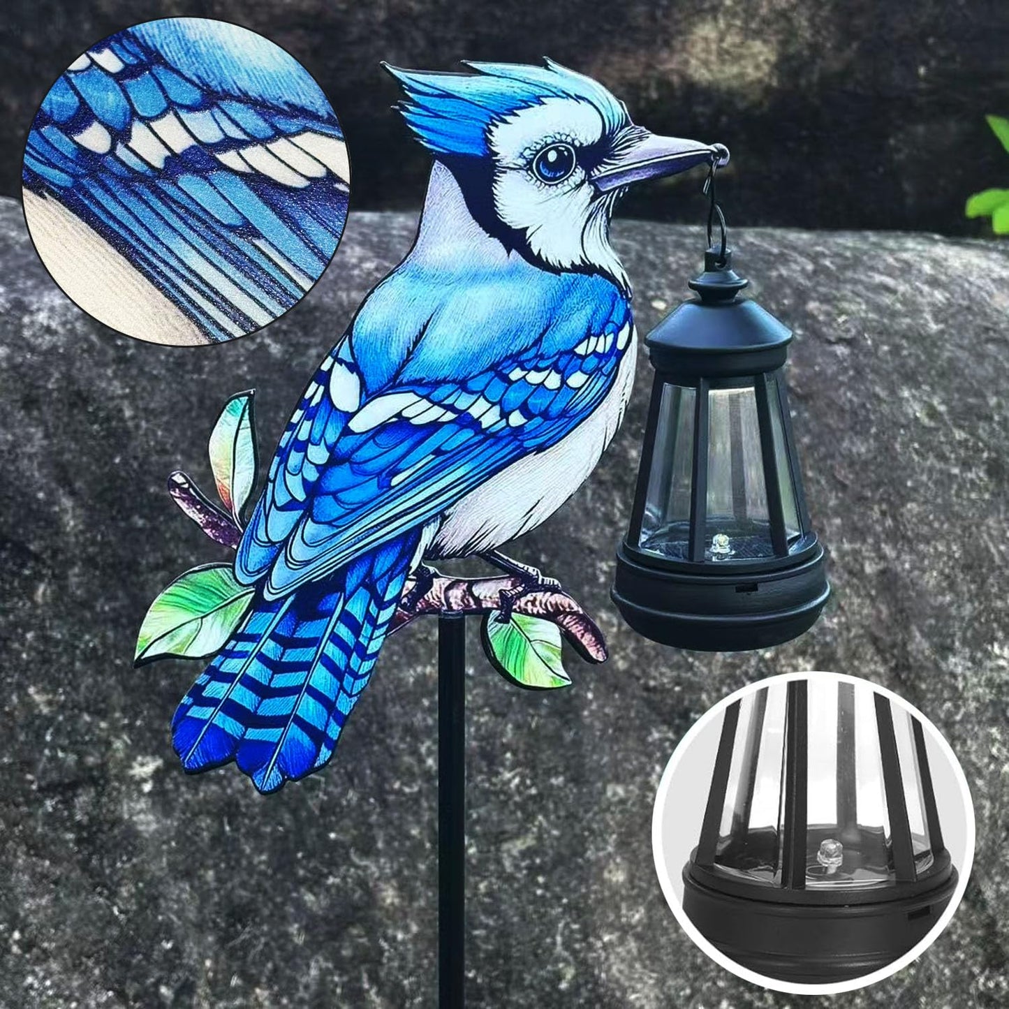 2 Pack Solar Lanterns Outdoor Decor Solar Bule Jay Lanterns Solar Cardinal Redbird Lights Metal Stake Yard Garden Decor Art Figurine Waterproof LED