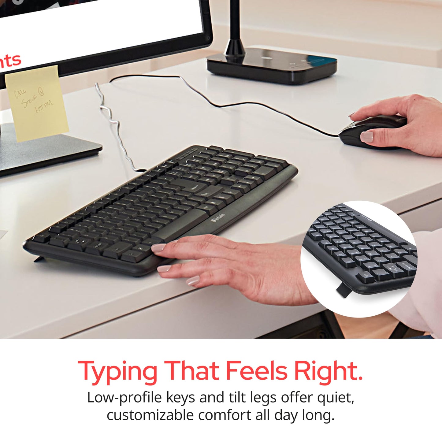 Verbatim Slimline Wired Keyboard and Mouse Combo USB Plug-and-Play Numeric Keypad Adjustable Tilt Legs Optical Corded Mouse Full-Size Computer