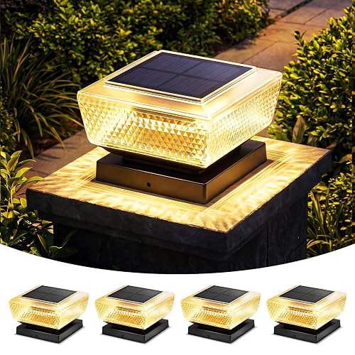 4x4 Solar Post Cap Lights Outdoor 4 Pack, 3000K Warm Fence Deck Post Solar Lights with Upgrade Solar Panel, Waterproof Solar Post Caps for 3.5x3.5