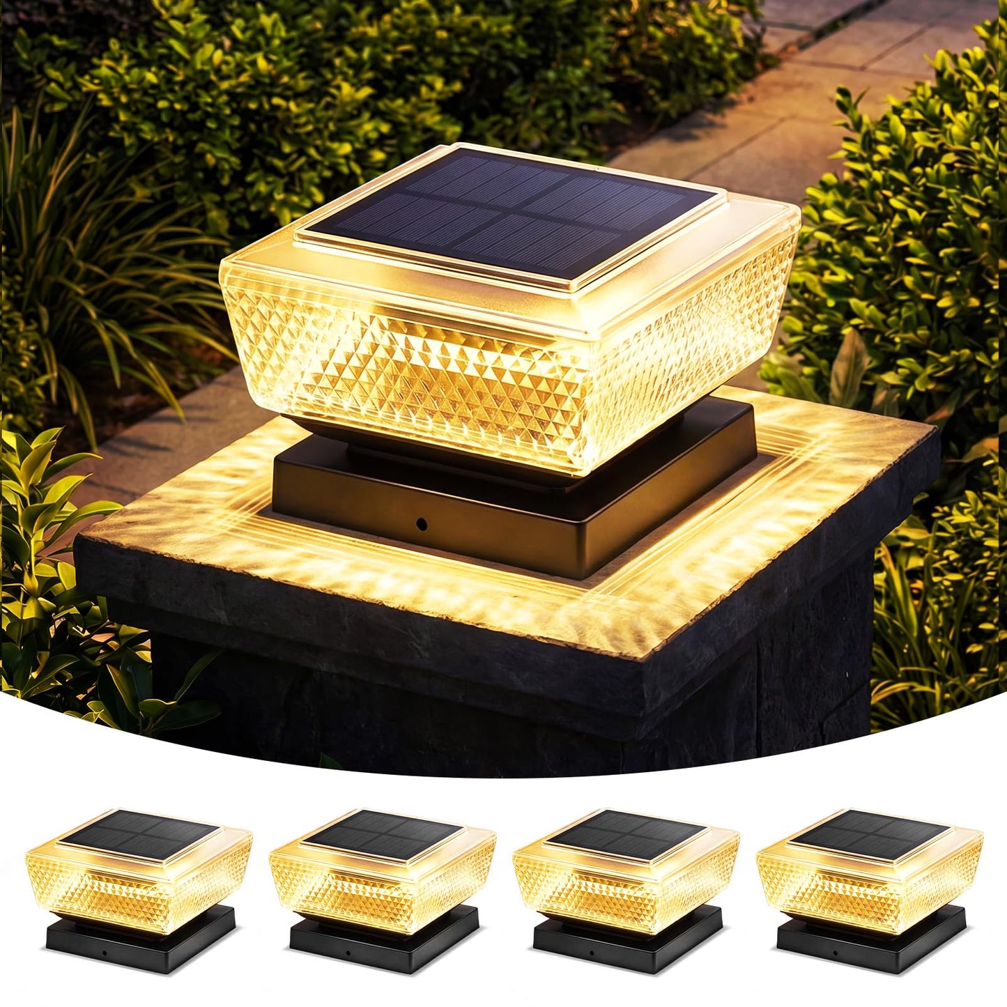 4x4 Solar Post Cap Lights Outdoor 4 Pack, 3000K Warm Fence Deck Post Solar Lights with Upgrade Solar Panel, Waterproof Solar Post Caps for 3.5x3.5