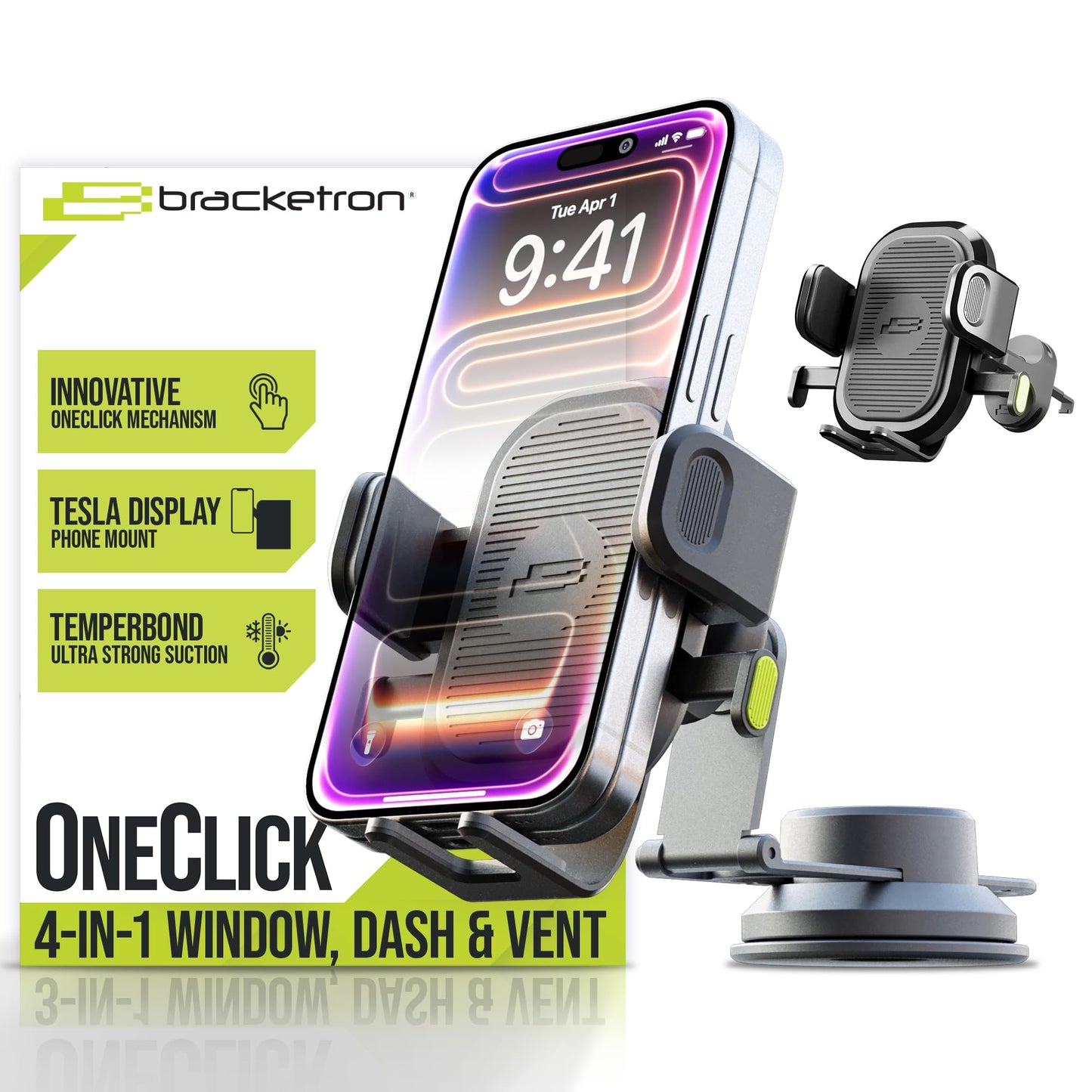 Bracketron OneClick 4-in-1 Car Phone Mount for Tesla Model 3, Y, S, X, Juniper - Dashboard, Windshield, Vent & Screen Holder Accessories - Fits All