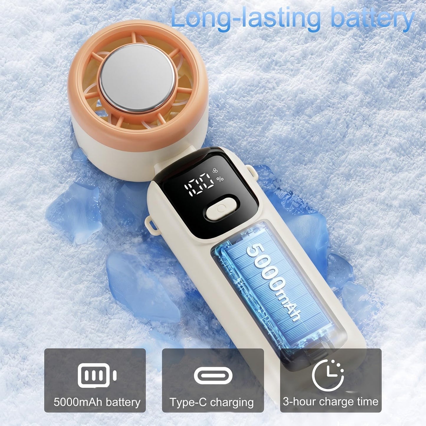 OWNGLETT Portable Handheld Turbo Fan with Ice Cooling Up tp 12Hrs Cooling, Rechargeable Mini Personal Hand Fan Blow Cold Air, 5 Speed 26000RPM