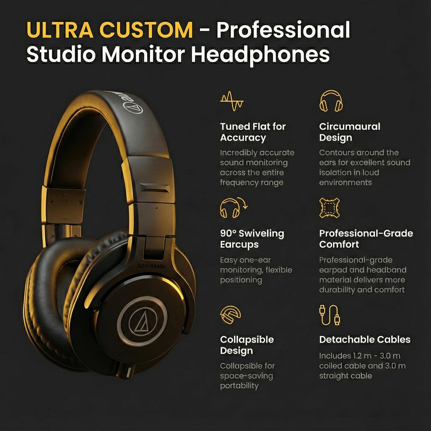 Audio-Technica ATH-M40x Professional Monitor Headphones - Black Bundle with Case, Stand, Pouch, and Austin Bazaar Polishing Cloth