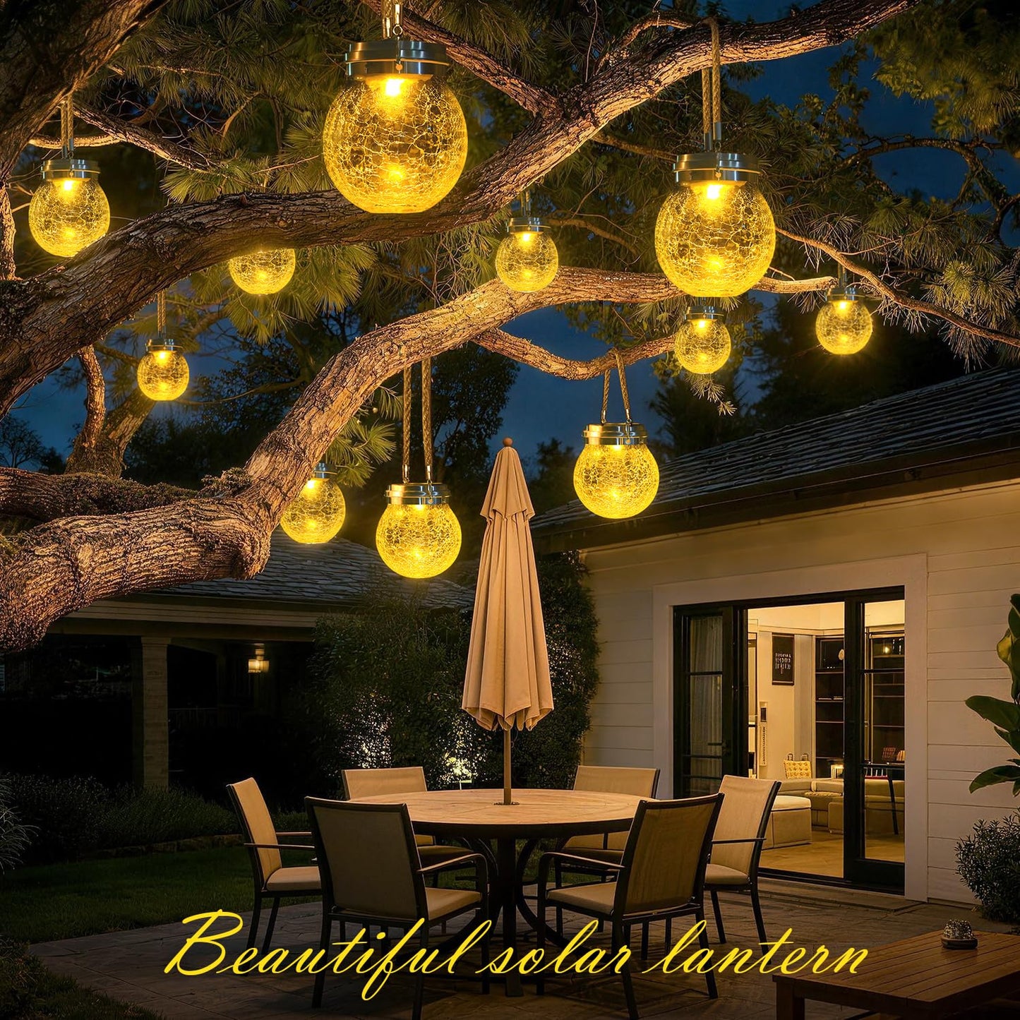 DBF Solar Lanterns Outdoor 2 Pack - Waterproof IP65 Hanging Solar Lights with Warm Amber & RGB Colors, Crackle Glass LED Ball Lights Globes Garden