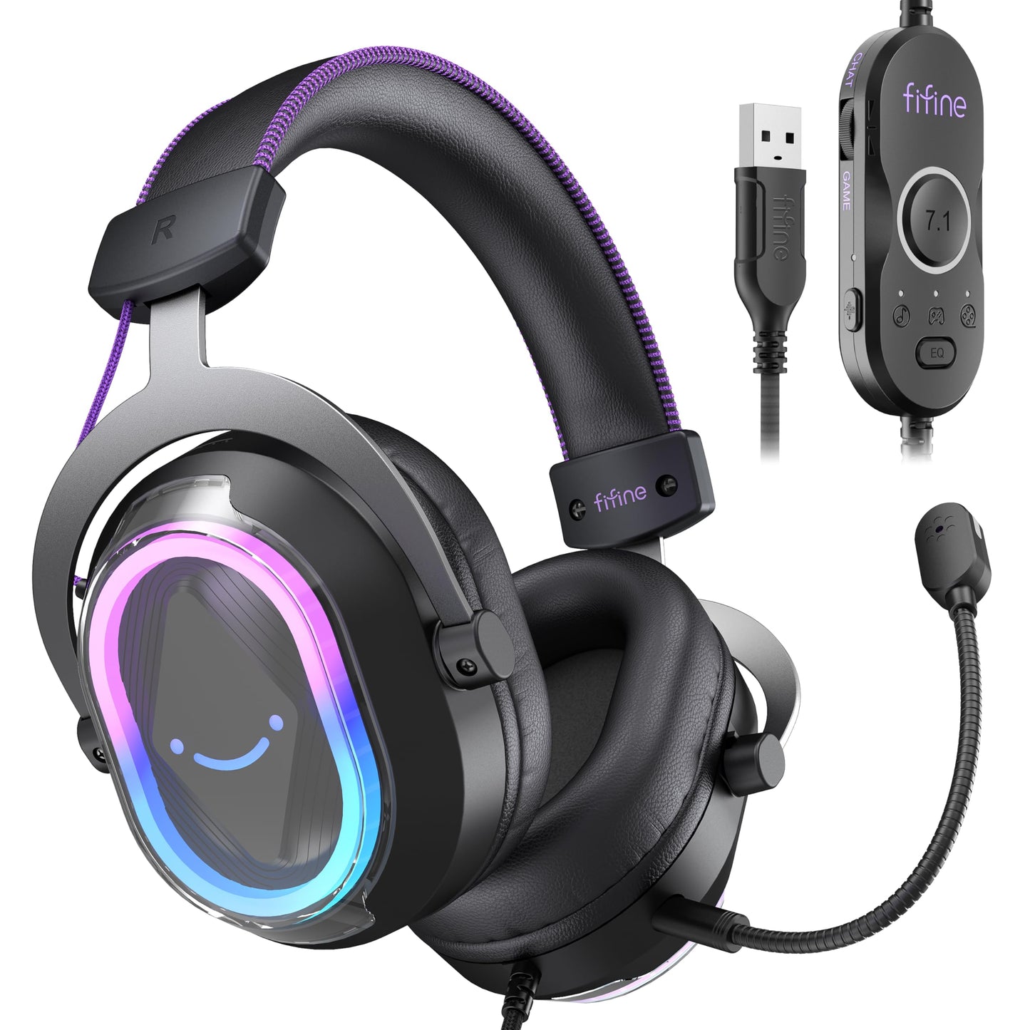 FIFINE Wired USB Gaming Headset: 7.1 Surround Sound - Vibrant Customizable RGB - Game/Chat Balance, Gamer Headphone with Noise Canceling Mic for PC