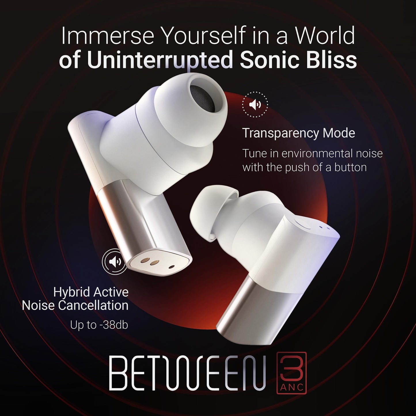 Status Audio Between 3ANC Bone Wireless Earbuds - Triple Driver - Active Noise Cancelling - 6X Microphones - Transparency Mode - 8H Playtime