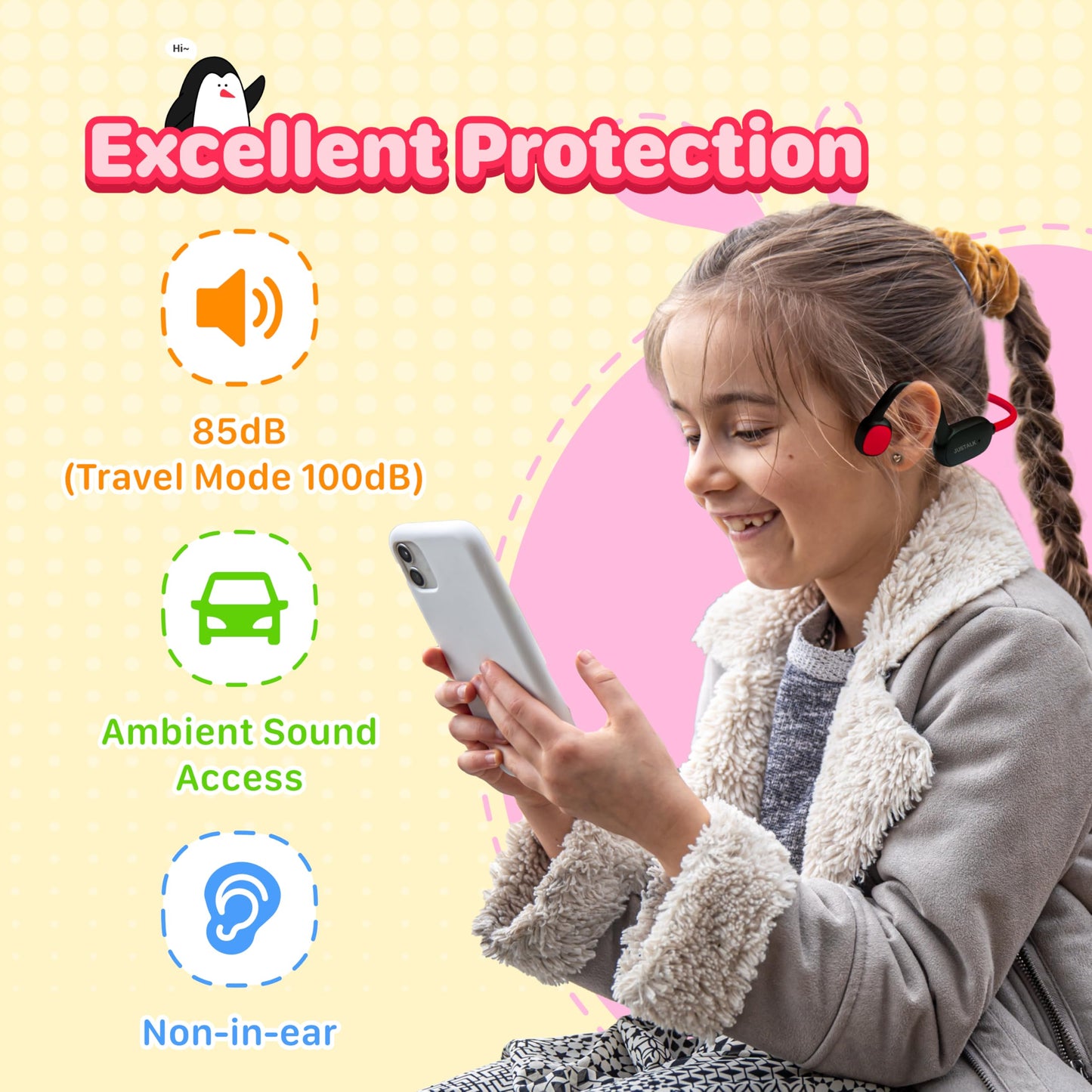 JusTalk Kids Headphones, Air Conduction Wireless Open Ear Headphones for Kids, Bluetooth 5.4, 85dB Hearing Protection, Memory Titanium Neckband,MEMS
