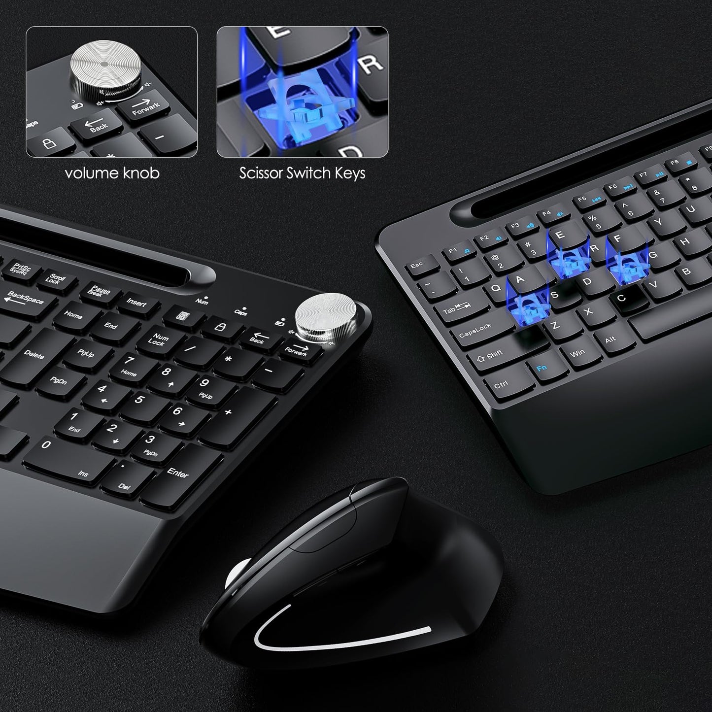 Sksyloo Full-Size Ergonomic Keyboard and Mouse, 2.4GHz Wireless Keyboard and vertical Mouse with Tablet Phone Holder, Wrist Rest for Computer Mac PC