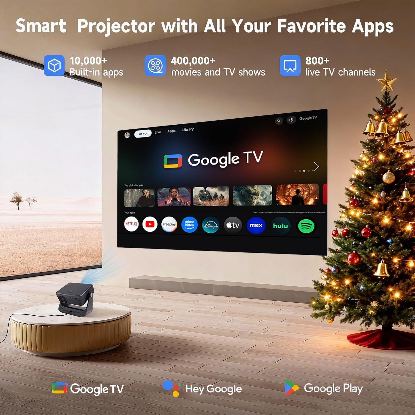 ?Official Google TV/1500 ANSI/4K Supported?Smart TV Projector with WiFi and Bluetooth, Native 1080P Portable Projector, Auto Focus & Keystone, Voice