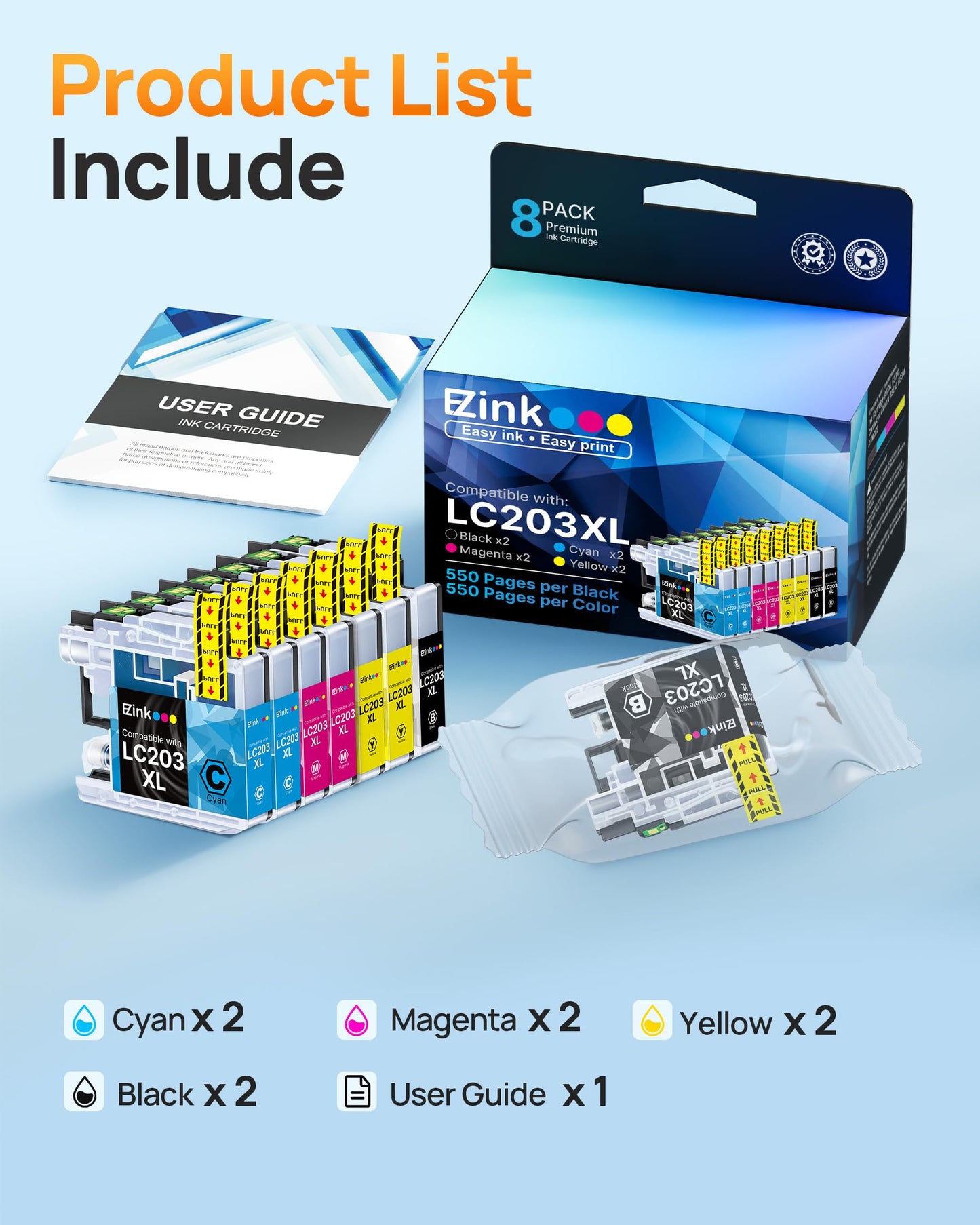 E-Z Ink LC203XL Compatible for Brother LC203 LC201 Ink Cartridges 8 Pack