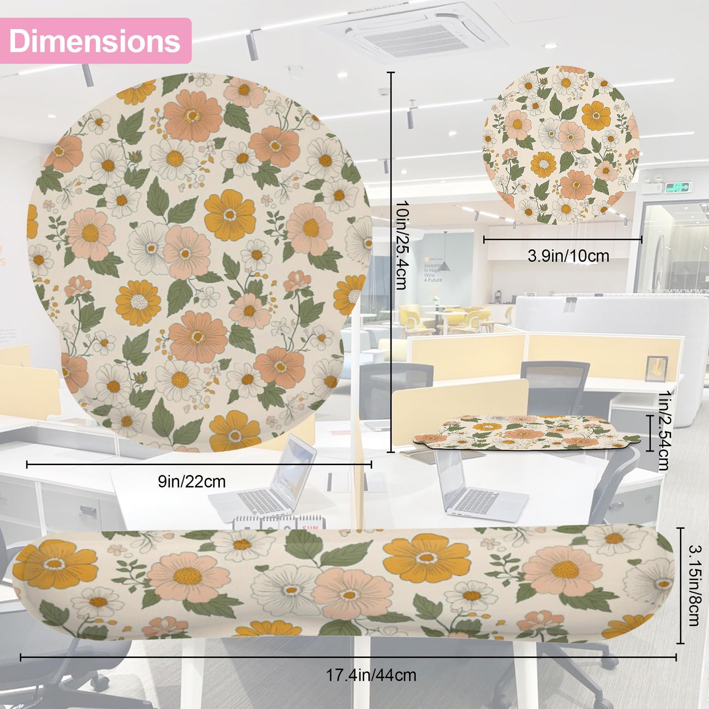 Retro Boho Groovy Flower Mouse Pad with Wrist Rest and Keyboard Wrist Rest Set, Non-Slip Rubber Base Memory Foam Mouse Pad Set for Women, Office Desk