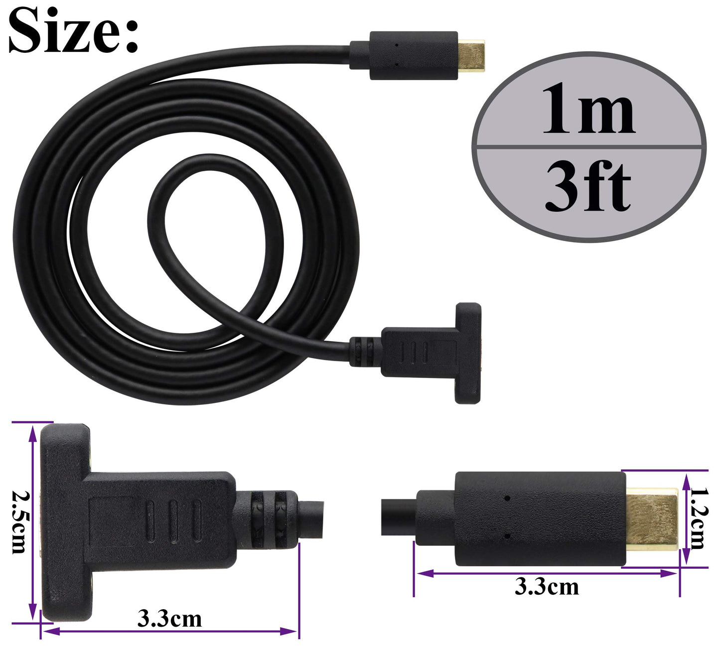 AAOTOKK USB 3.1 Type C Panel Mount Extension Adapter Cable Gen 2 USB Type C 3.1 Female Panel Mount to Male Cable,Supports Charging,Data,Audio,Video