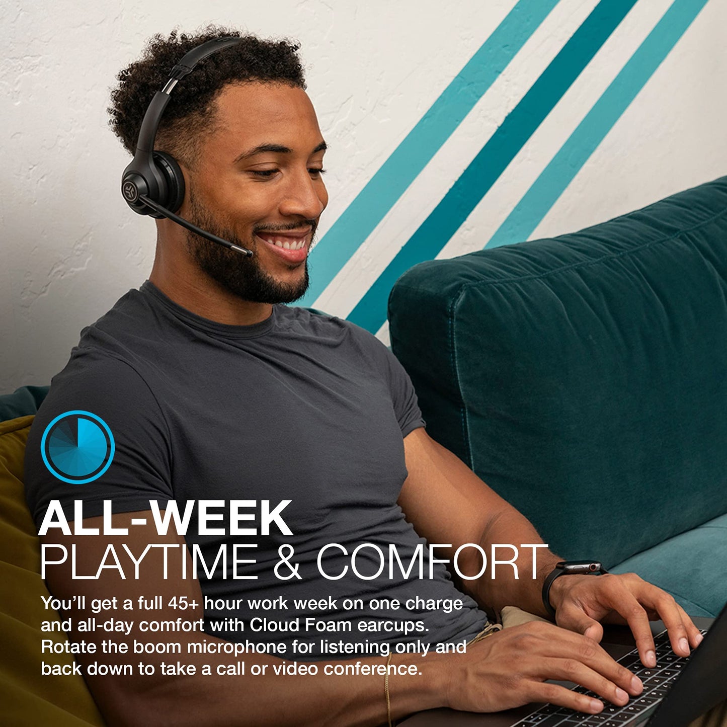 JLab Go Work Wireless Headsets with Microphone, 45+ Playtime PC Bluetooth Headset and Multipoint Connect to Laptop Computer and Mobile, Wired or
