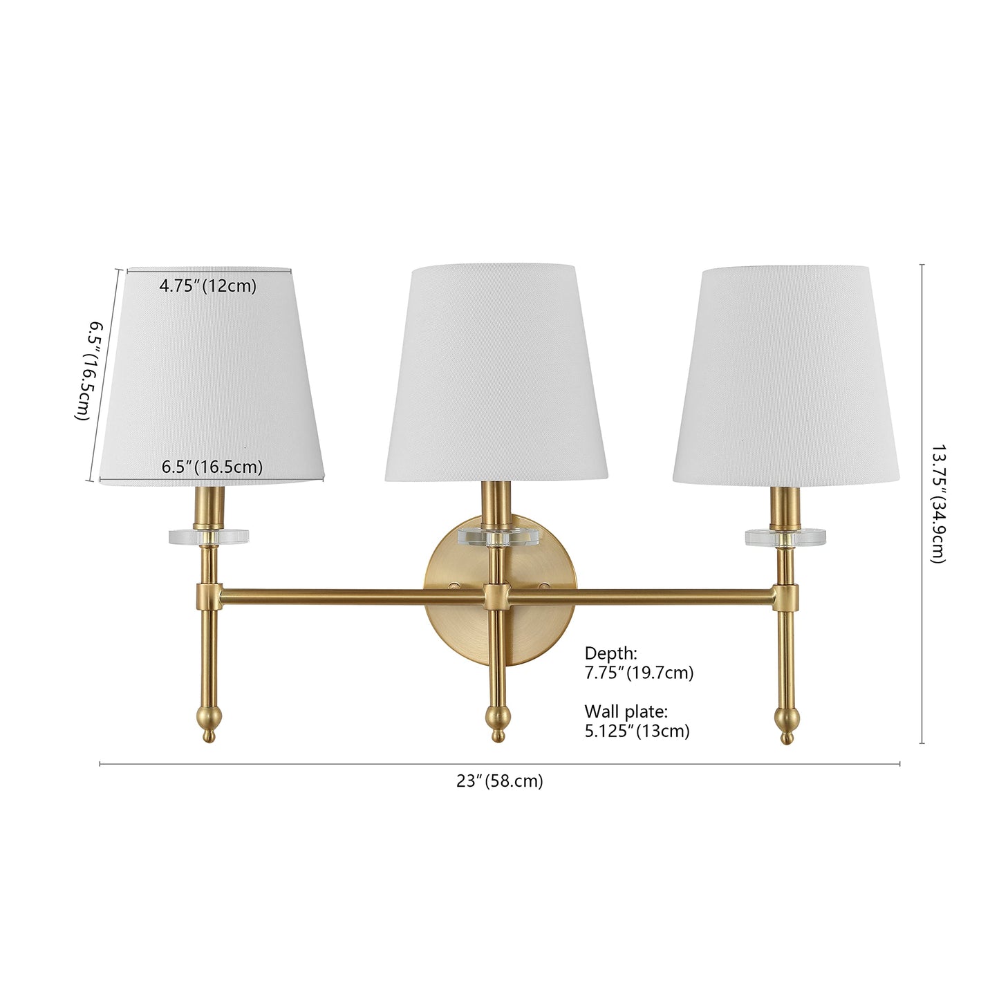JONATHAN Y 23" Brass Gold Modern LED Wall Sconce, Midcentury Vanity Light for Bathroom Bedroom Hallway Decor, Iron Fixture with White Linen Empire
