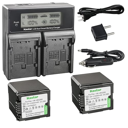 Kastar LCD Dual Fast Charger & 2 x Battery Replacement for Panasonic VWVBG260 and SDR-H40, SDR-H80 Series, HDC-HS700, TM700, HS300, TM300, HS250