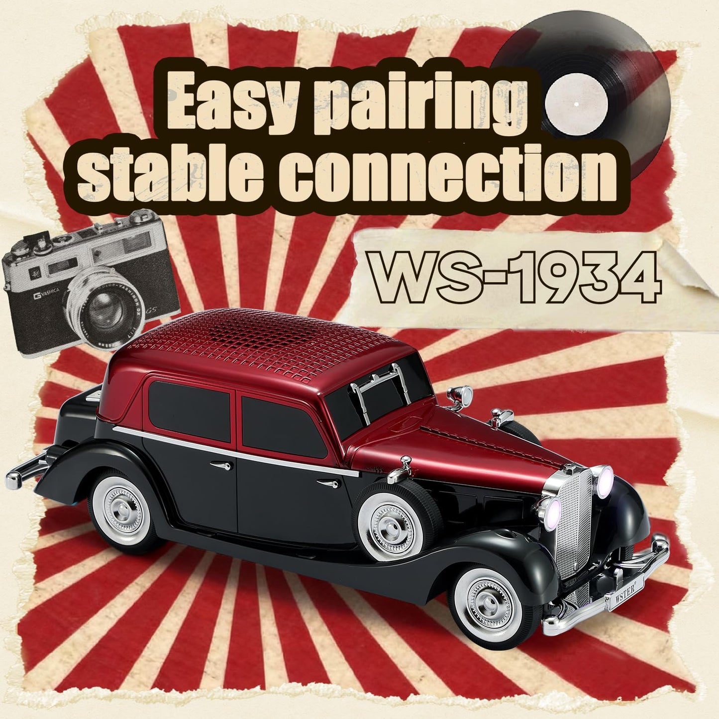 WSTER WS-1934 Retro Classic Car Bluetooth Replica Speaker - Wireless HD Sound with FM Radio,TWS Stereo,LED Party Lights,Built-in Microphone Hands-Free