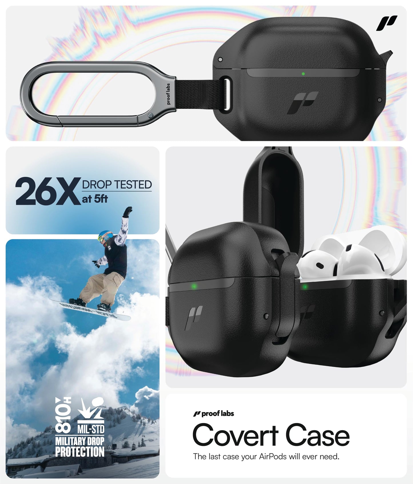 Proof Labs for AirPods 4 Case with Lock - Tough AirPods 4th Generation Case Cover with Carabiner, Rugged Protection and Hard Protective Shell (Black