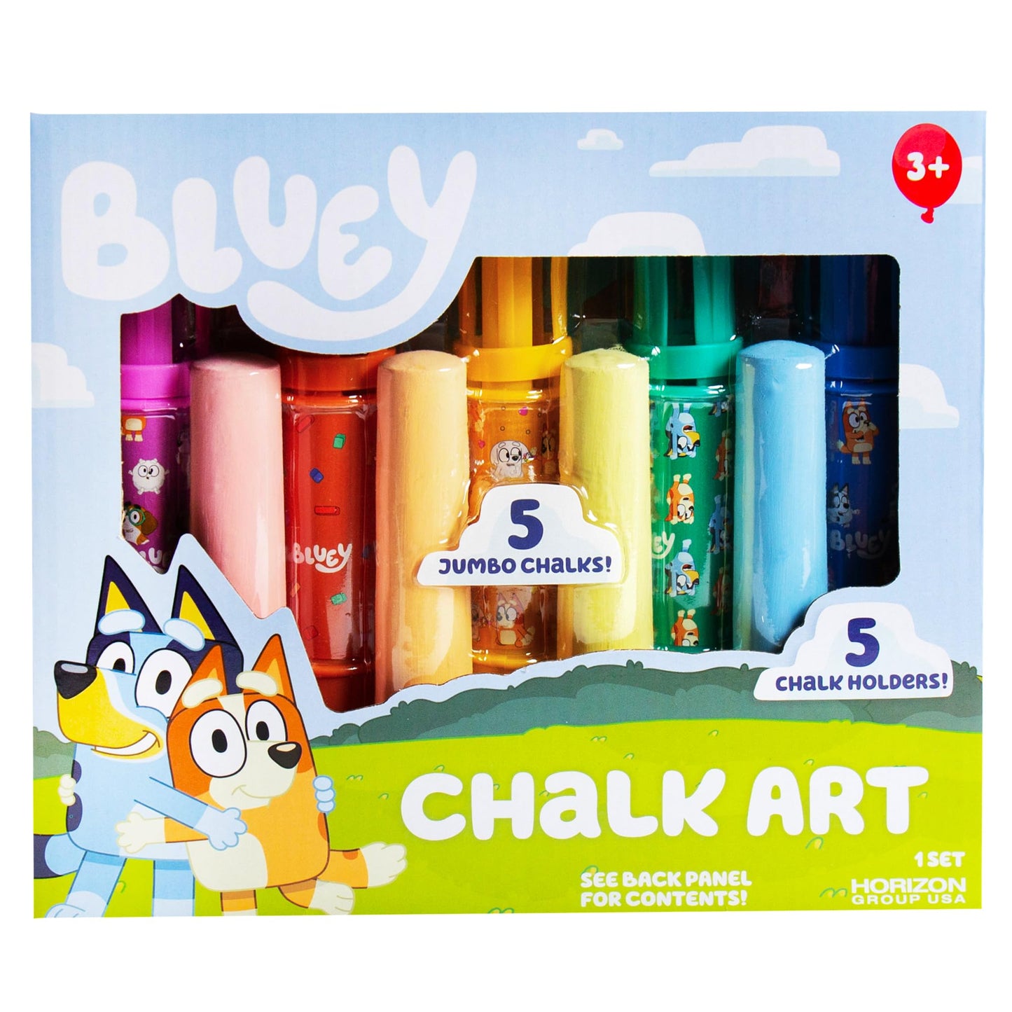 Official Bluey Chalk Art, 5-Pack, Vibrant Sidewalk Chalk For Kids, Includes 5 Chalks, Chalk Holders & Reusable Stencil, Outside Toys for Toddlers…