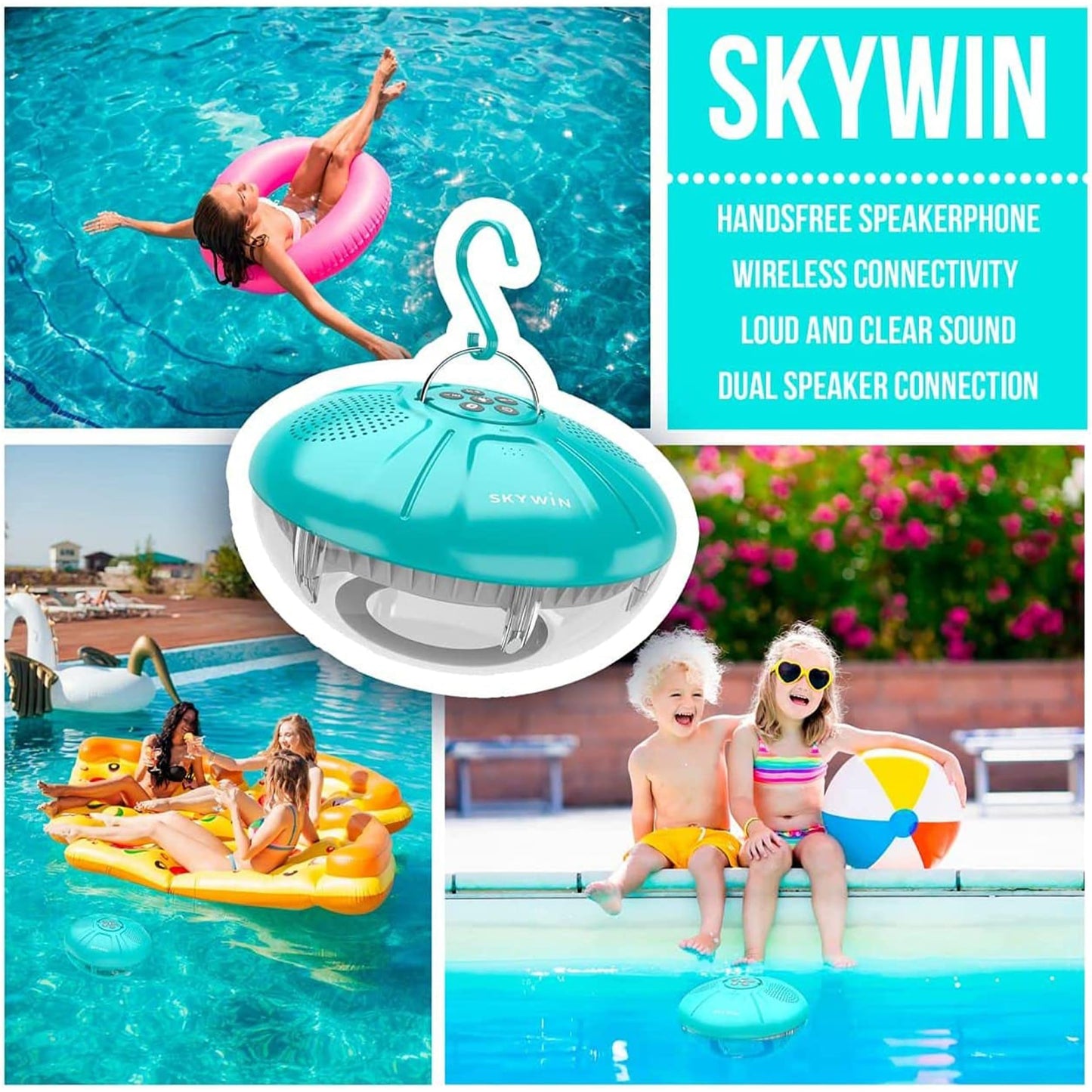 Skywin Floating Pool Speaker with Lights, Wireless Waterproof Bluetooth Speaker for Pool - Dual 5W Sound, Touch Controls, Rechargeable Shower Speaker