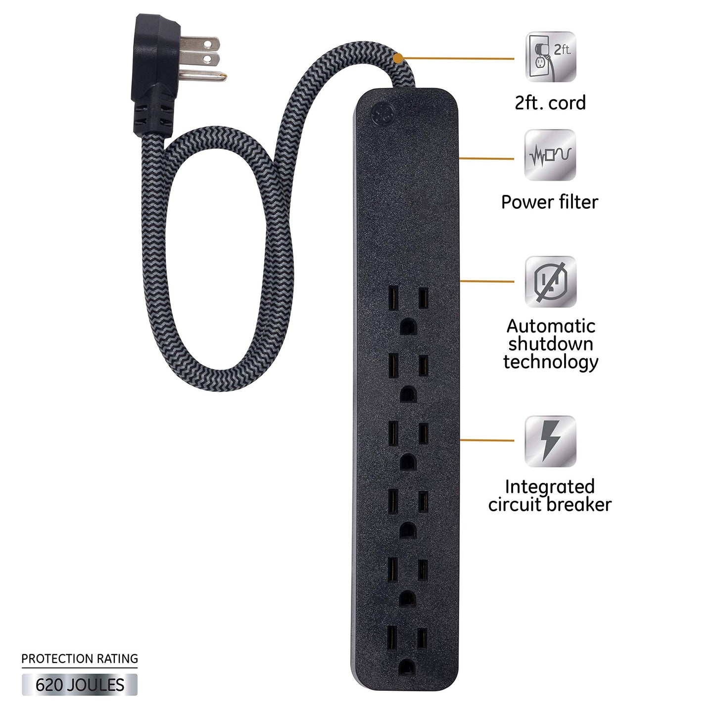 GE UltraPro 6 Outlet Surge Protector, 2 Ft Designer Braided Extension Cord, Flat Plug, Long Power Cord, Wall Mount, Black, 44070