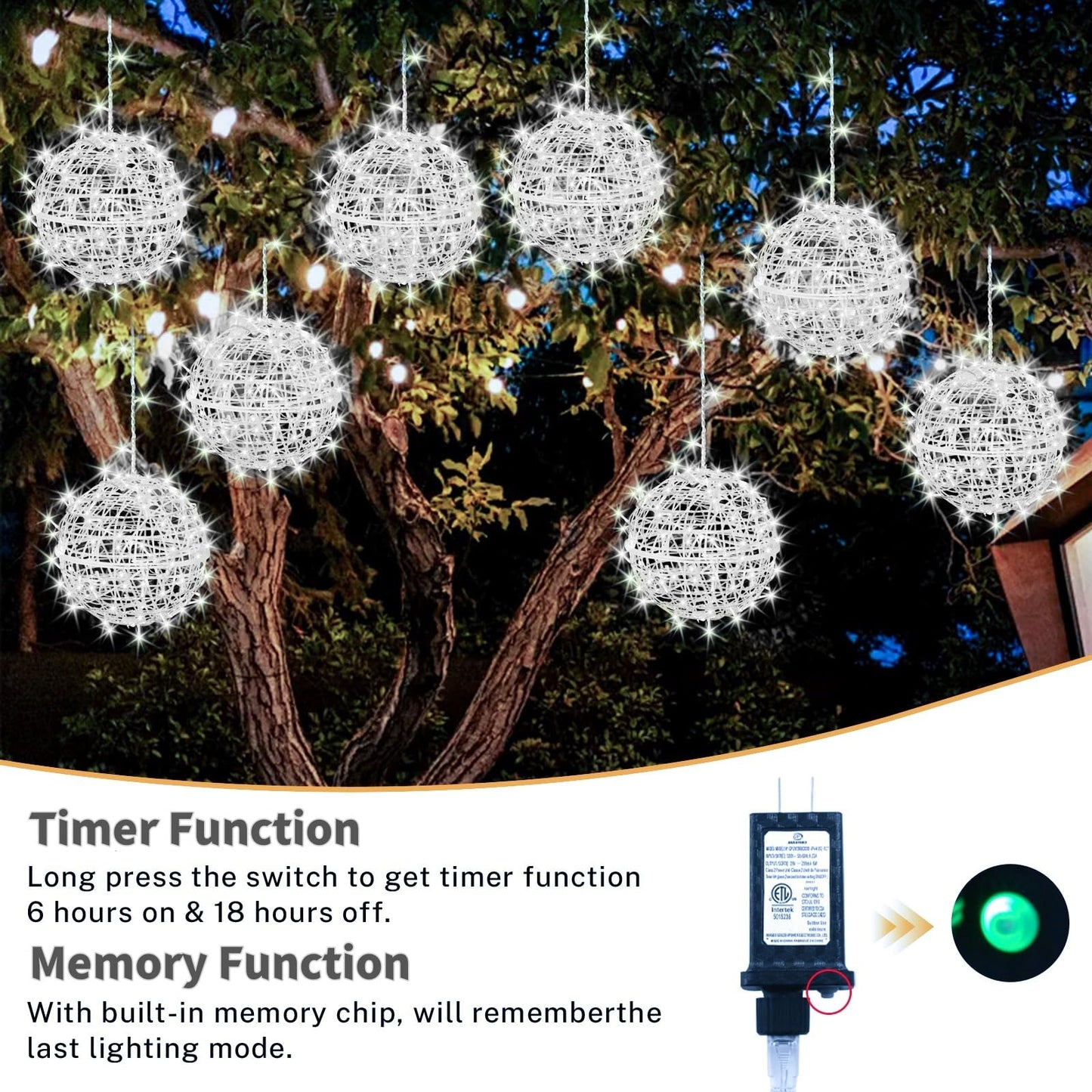 Outdoor Christmas Balls Lights 4 Pack Hanging 7.1" LED Garden Sphere Tree Lights 8 Modes Waterproof Glow Globe Light with Memory Timer Plug for Yard