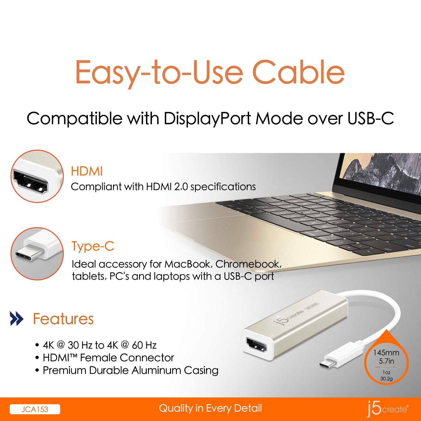 j5create USB Type-C to 4K HDMI Adapter JCA153 / 4K @60 Hz/for MacBook, Chromebook, Type C Laptops