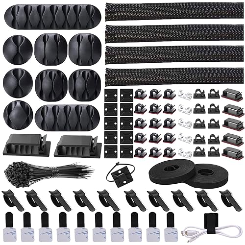Cord Management Organizer Kit 4 Cable Sleeve split with 41Self Adhesive Cable Clips Holder, 10pcs and 2 Roll Self Adhesive tie and 100 Fastening Cable
