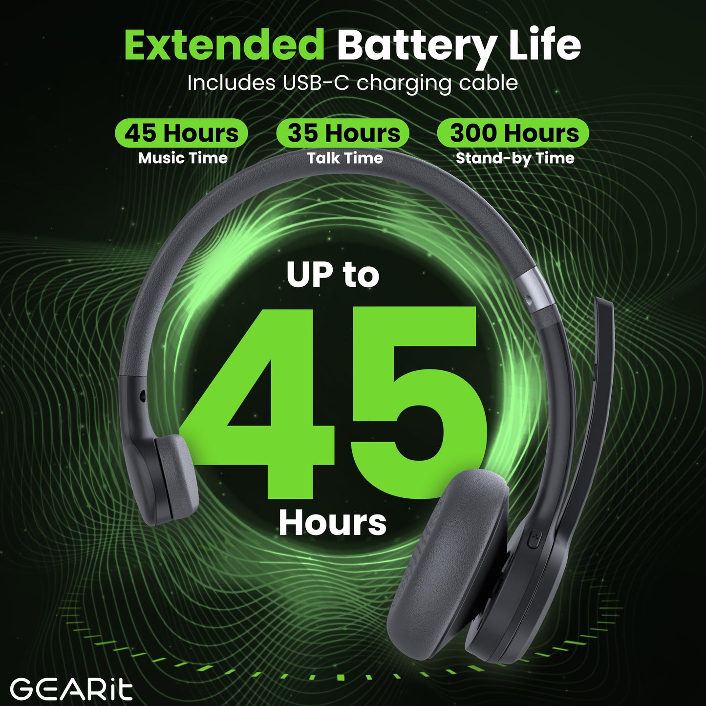 GEARit Wireless Bluetooth Headset with Mic - 35 Hrs Talk Time - for Trucker, w/Noise Cancelling Microphone & Mute Button - Easy to Set Up Wireless