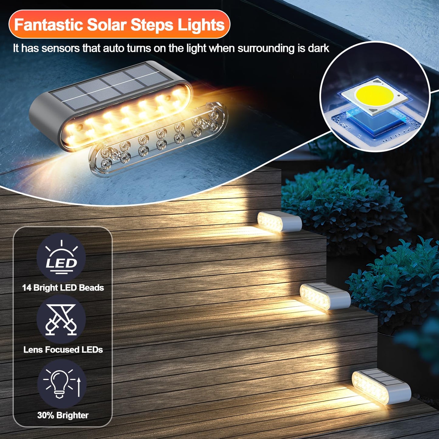 Solar Step Lights Outdoor Waterproof, 8 Pack Solar Stair Lights Outdoor IP67, 14 LED Warm 3000K Outdoor Step Lights, Solar Powered Lighting for Steps