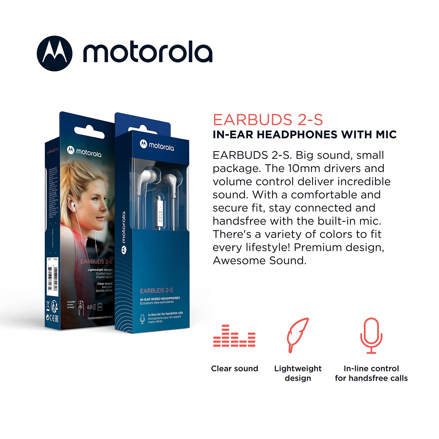 Motorola Wired Earbuds with Microphone - Earbuds 2-S Corded in-Ear Headphones, Control Button for Calls/Music, Comfortable Lightweight Silicone Ear…