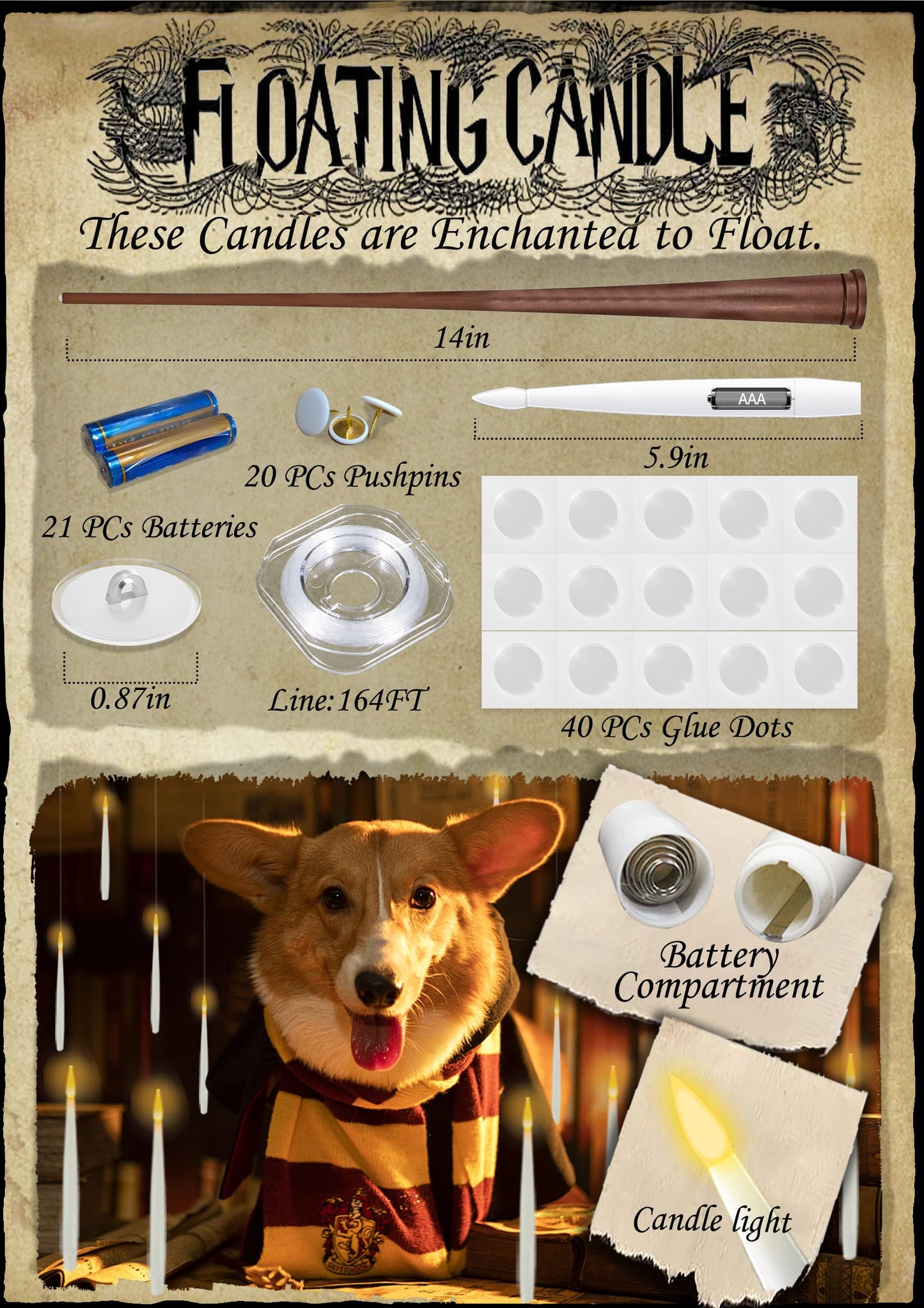 Halloween Decoration, Floating Candles with Wand, 20PCs Magic Hanging Candles with 21 AAA Battery, Flickering Warm Light Flameless LED Candle, Window