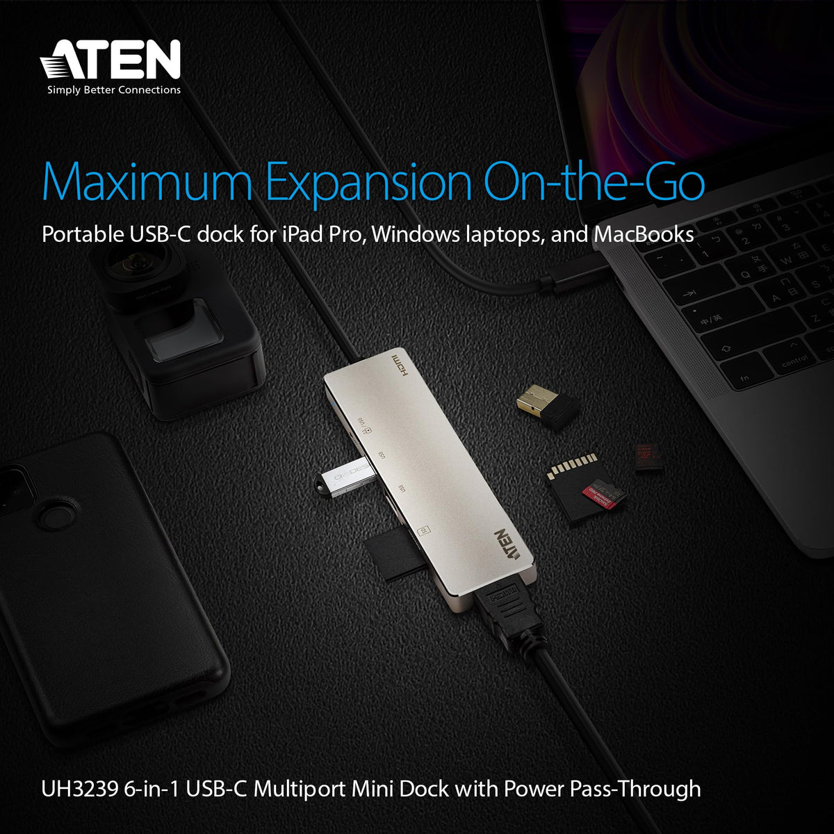 ATEN UH3239 4K 6 Ports USB C 6-in-1 Portable Mini Docking Station USB C Port Thunderbolt 3, HDMI, SD, Micro SD Card, USB 3.2 60W PD 2.0 for Laptop