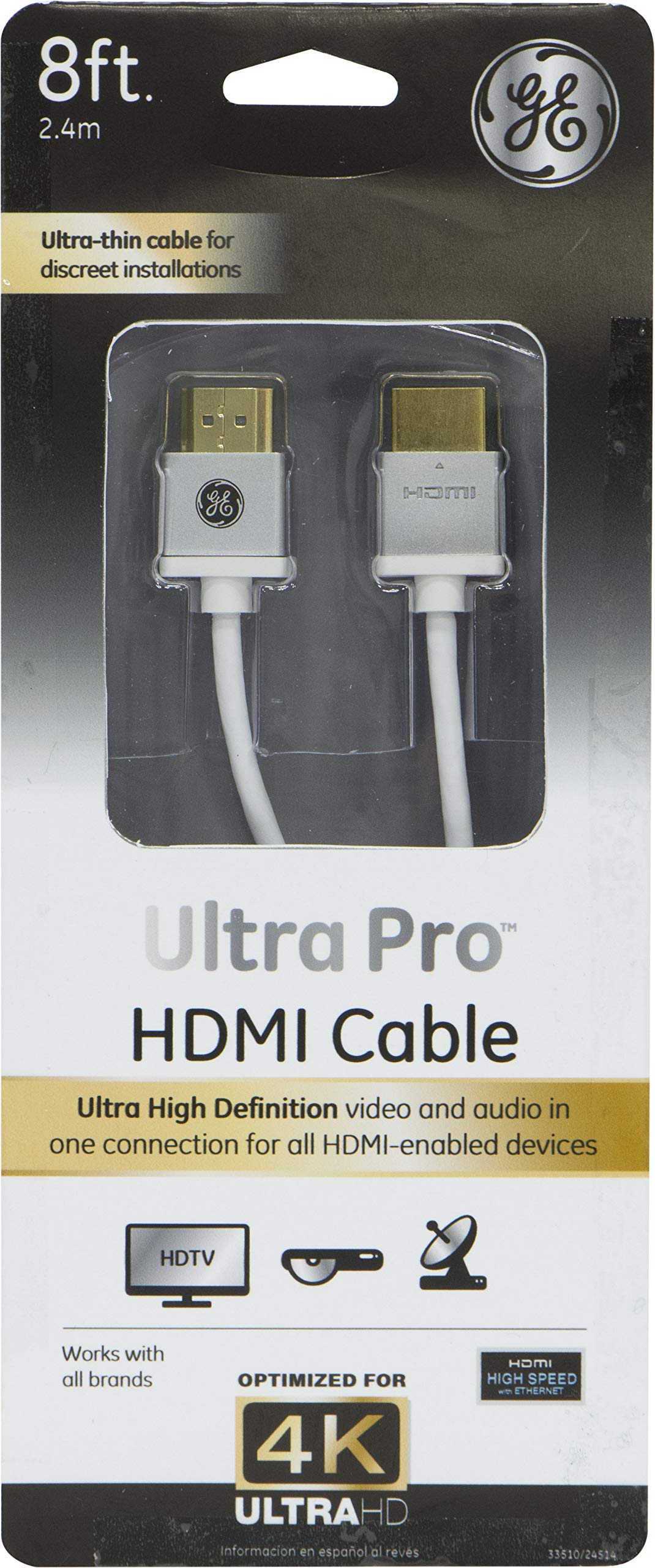 GE UltraPro HDMI Cable, High Speed, Ethernet, 8ft. HDMI Cord, 4K Ultra HD, Full HD 1080P, 10.2Gbps Data Transfer, Works with HDTV/Cable/Game