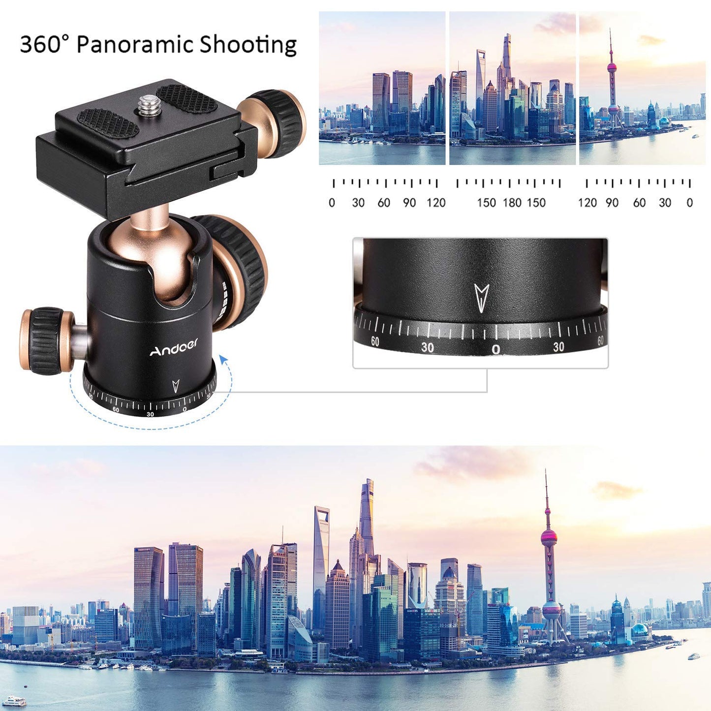 Andoer Tripod Ball Head 360 Degrees Free Rotation Panoramic Ballhead with Quick Release 1/4" Screw and 3/8" Screw