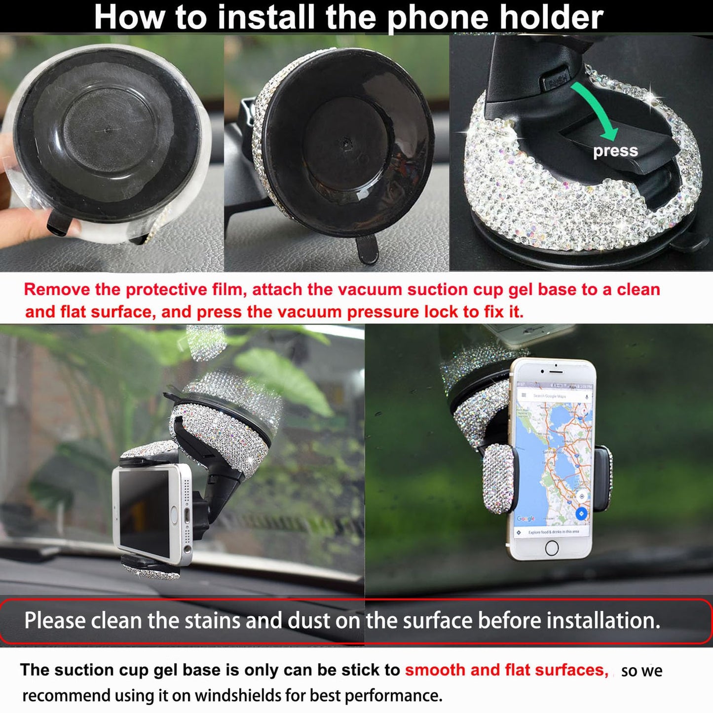SUNCARACCL Bling Car Phone Holder, 360°Adjustable Universal Rhinestone Crystal Auto Phone Mount Stand Accessories for Windshield Dashboard and Air